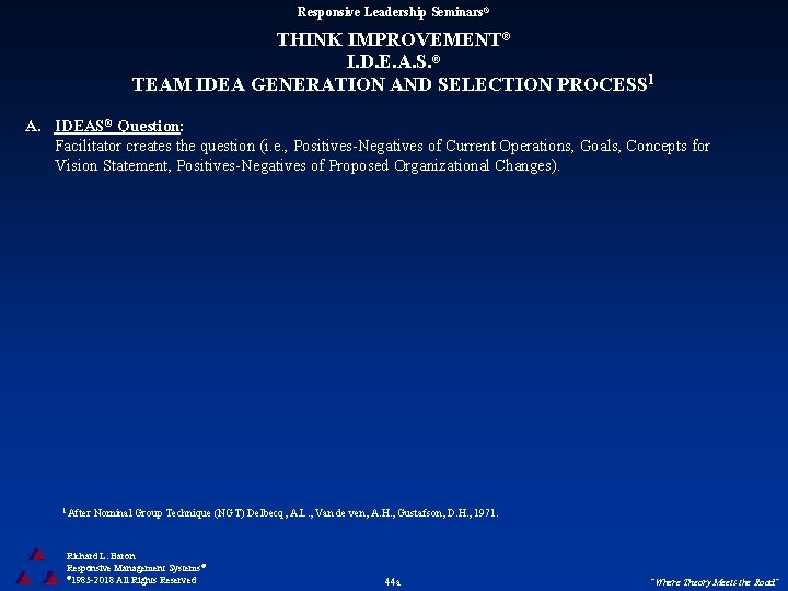 Responsive Leadership Seminars® THINK IMPROVEMENT® I. D. E. A. S. ® TEAM IDEA GENERATION