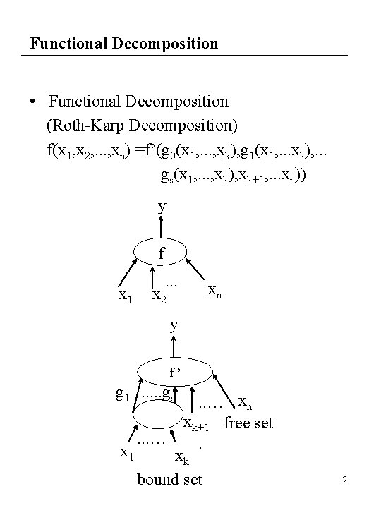 Functional Decomposition • Functional Decomposition (Roth-Karp Decomposition) f(x 1, x 2, . . .