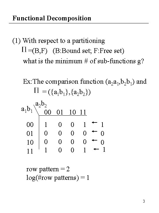 Functional Decomposition (1) With respect to a partitioning =(B, F) (B: Bound set; F: