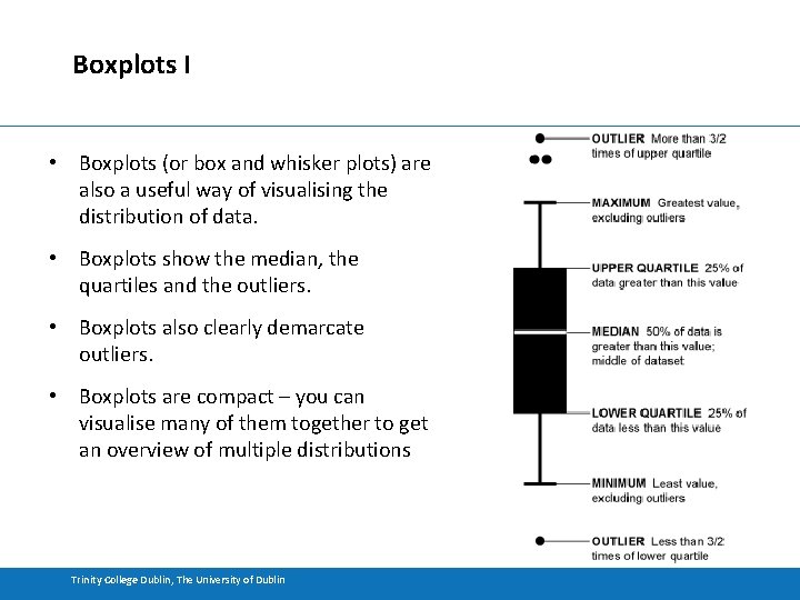 Boxplots I • Boxplots (or box and whisker plots) are also a useful way