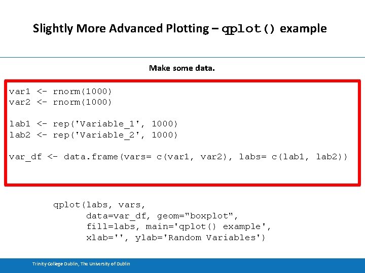 Slightly More Advanced Plotting – qplot() example Make some data. var 1 <- rnorm(1000)