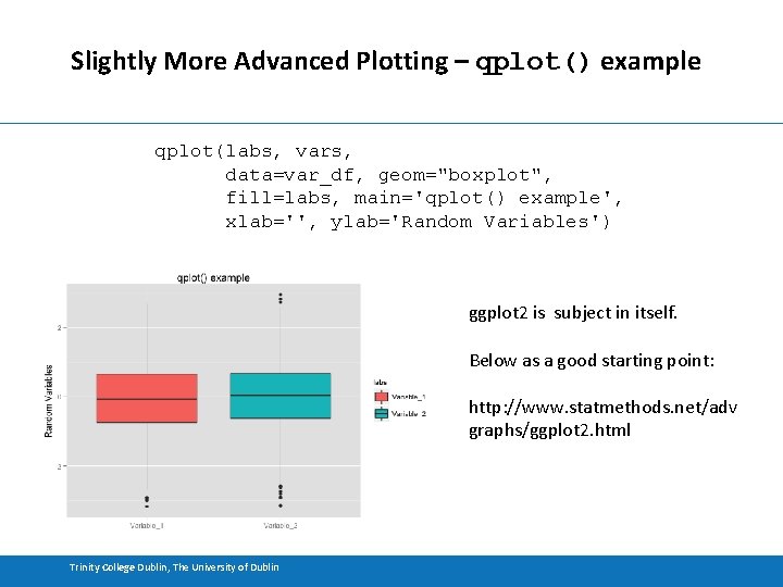 Slightly More Advanced Plotting – qplot() example qplot(labs, vars, data=var_df, geom="boxplot", fill=labs, main='qplot() example',