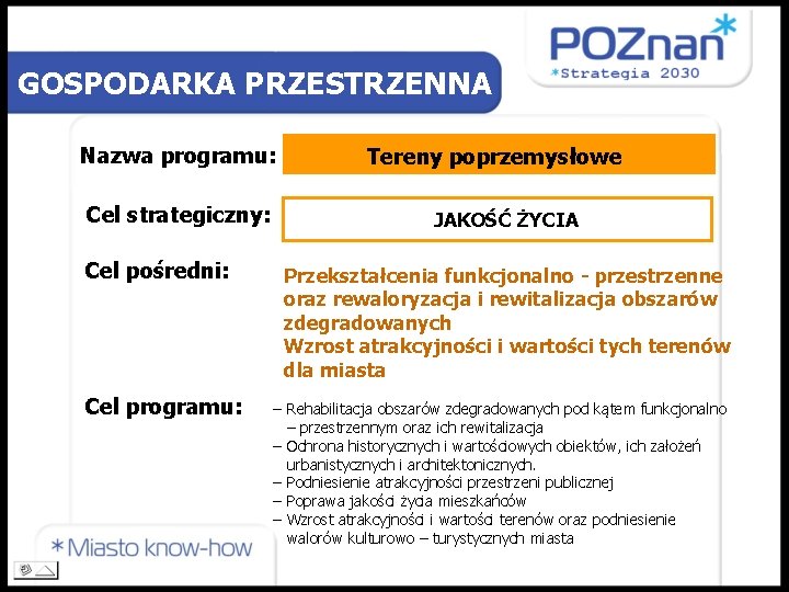 GOSPODARKA PRZESTRZENNA Nazwa programu: Cel strategiczny: Cel pośredni: Cel programu: Tereny poprzemysłowe JAKOŚĆ ŻYCIA