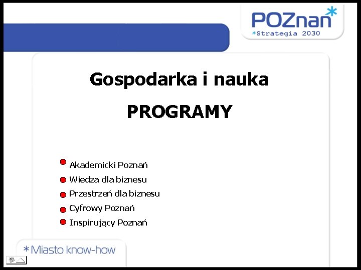 Gospodarka i nauka PROGRAMY Akademicki Poznań Wiedza dla biznesu Przestrzeń dla biznesu Cyfrowy Poznań