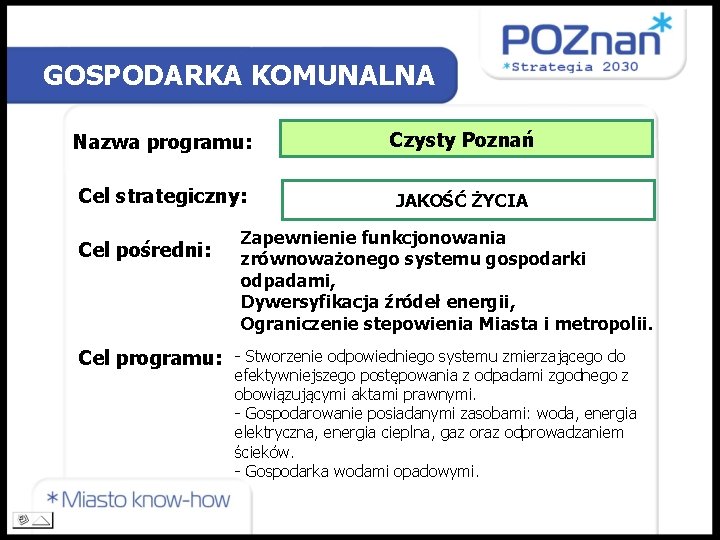 GOSPODARKA KOMUNALNA Nazwa programu: Czysty Poznań Cel strategiczny: JAKOŚĆ ŻYCIA Cel pośredni: Zapewnienie funkcjonowania