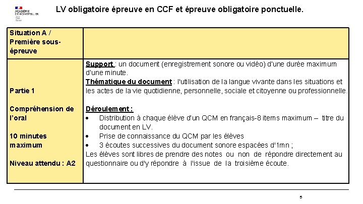 LV obligatoire épreuve en CCF et épreuve obligatoire ponctuelle. Situation A / Première sousépreuve