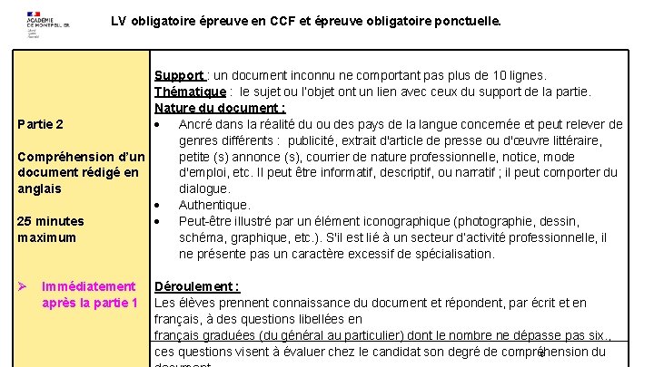 LV obligatoire épreuve en CCF et épreuve obligatoire ponctuelle. Support : un document inconnu