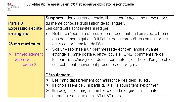 LV obligatoire épreuve en CCF et épreuve obligatoire ponctuelle. Supports : deux sujets au