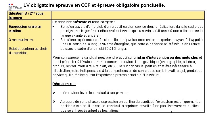 LV obligatoire épreuve en CCF et épreuve obligatoire ponctuelle. Situation B / 2 nd