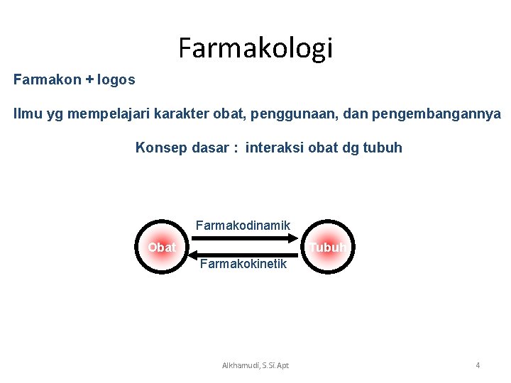 Farmakologi Farmakon + logos Ilmu yg mempelajari karakter obat, penggunaan, dan pengembangannya Konsep dasar
