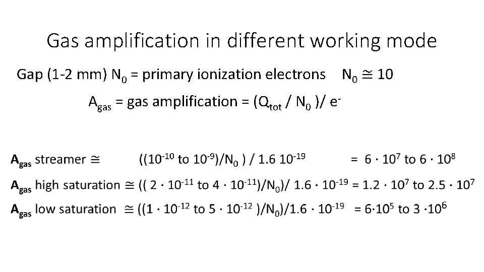 Gas amplification in different working mode Gap (1 -2 mm) N 0 = primary