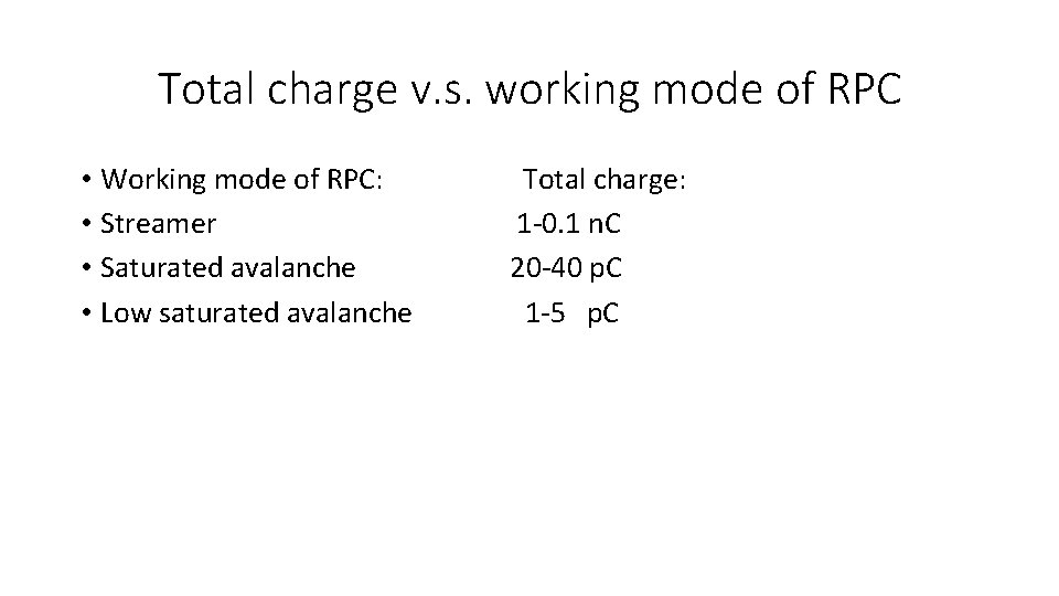 Total charge v. s. working mode of RPC • Working mode of RPC: •