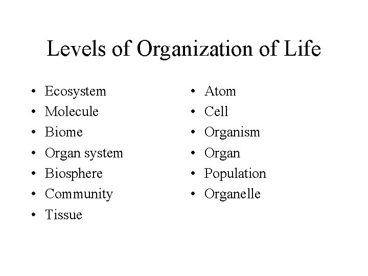 Levels of Organization of Life • • Ecosystem Molecule Biome Organ system Biosphere Community