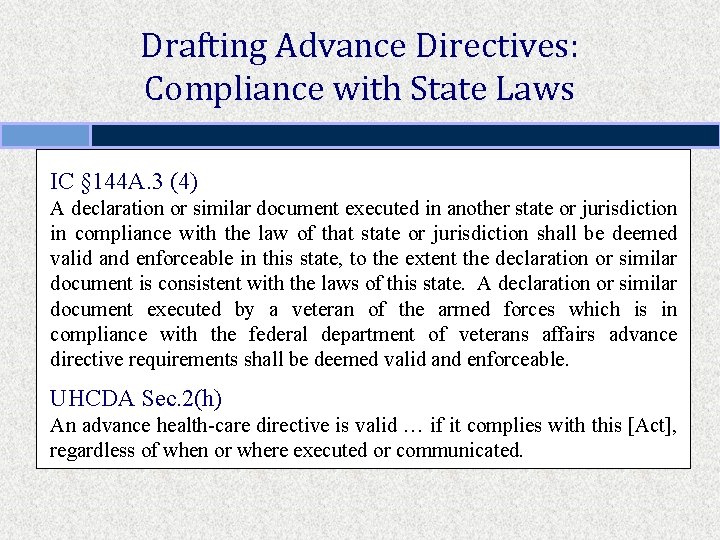 Drafting Advance Directives: Compliance with State Laws IC § 144 A. 3 (4) A