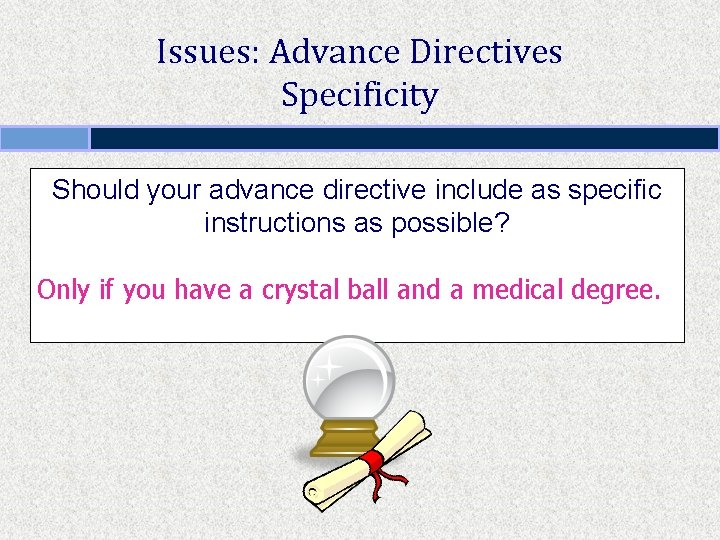 Issues: Advance Directives Specificity Should your advance directive include as specific instructions as possible?