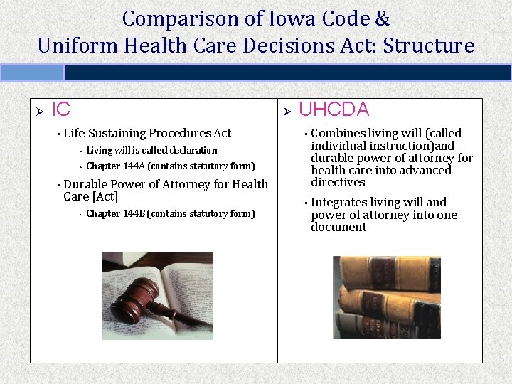 Comparison of Iowa Code & Uniform Health Care Decisions Act: Structure Ø IC •