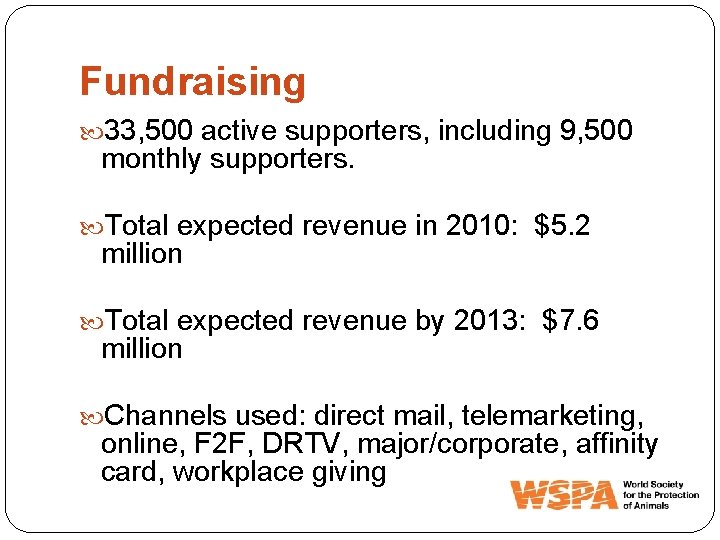 Fundraising 33, 500 active supporters, including 9, 500 monthly supporters. Total expected revenue in