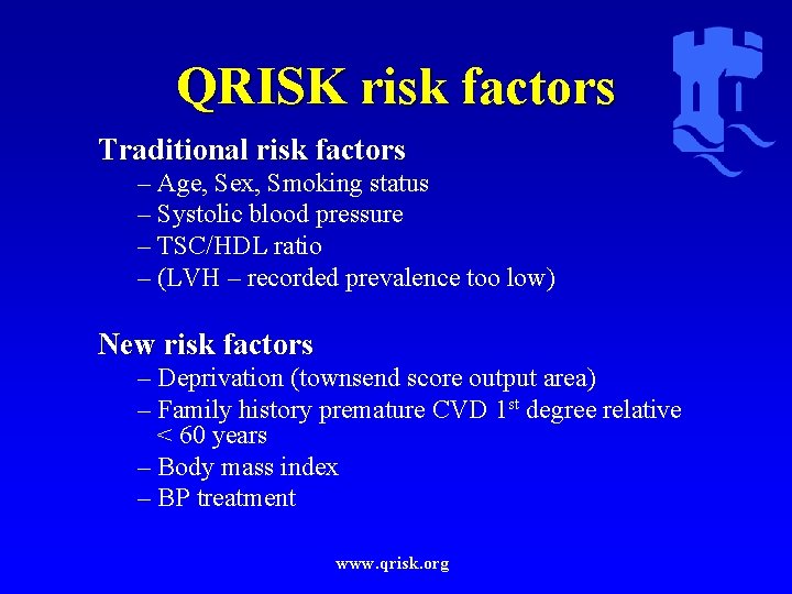 QRISK risk factors Traditional risk factors – Age, Sex, Smoking status – Systolic blood