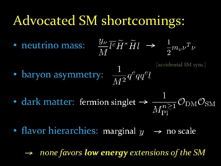 Advocated SM shortcomings: • neutrino mass: → [accidental SM sym. ] • baryon asymmetry: