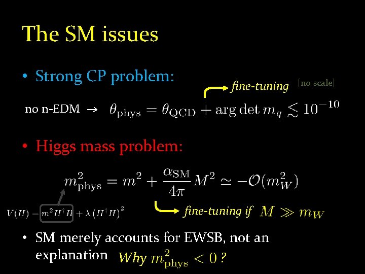 The SM issues • Strong CP problem: fine-tuning no n-EDM → • Higgs mass