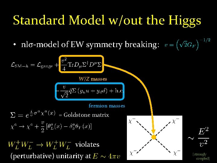 Standard Model w/out the Higgs • nlσ-model of EW symmetry breaking: W/Z masses fermion