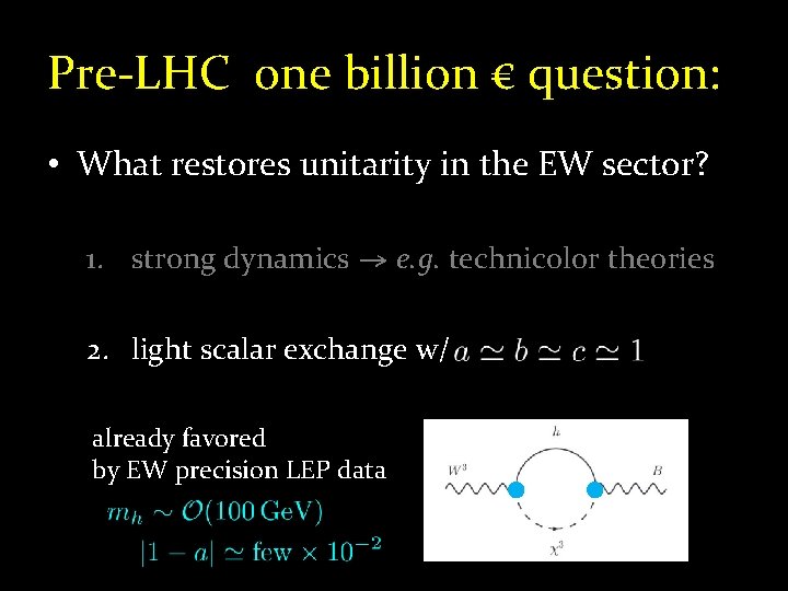 Pre-LHC one billion € question: • What restores unitarity in the EW sector? 1.