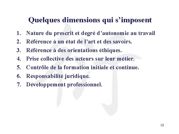Quelques dimensions qui s’imposent 1. 2. 3. 4. 5. 6. 7. Nature du prescrit