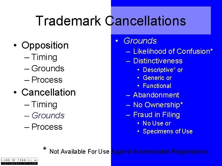 Trademark Cancellations • Opposition – Timing – Grounds – Process • Cancellation – Timing