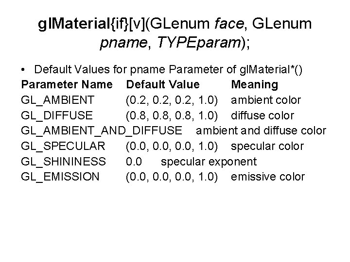 gl. Material{if}[v](GLenum face, GLenum pname, TYPEparam); • Default Values for pname Parameter of gl.