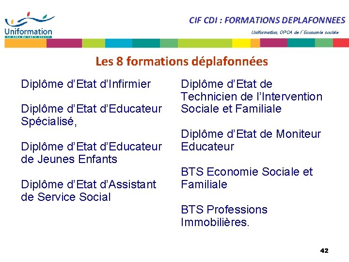 CIF CDI : FORMATIONS DEPLAFONNEES Uniformation, OPCA de l’Economie sociale Les 8 formations déplafonnées