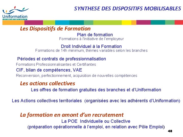 SYNTHESE DES DISPOSITIFS MOBILISABLES Les Dispositifs de Formation Plan de formation Formations à l'initiative