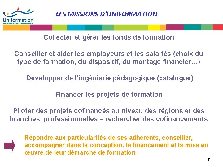 LES MISSIONS D’UNIFORMATION Collecter et gérer les fonds de formation Conseiller et aider les