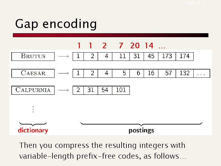 Sec. 3. 1 Gap encoding 1 1 2 7 20 14 … Then you