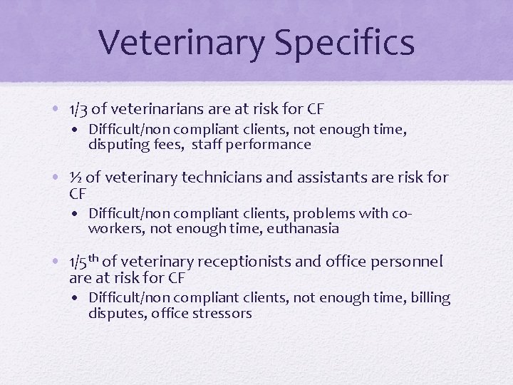 Veterinary Specifics • 1/3 of veterinarians are at risk for CF • Difficult/non compliant