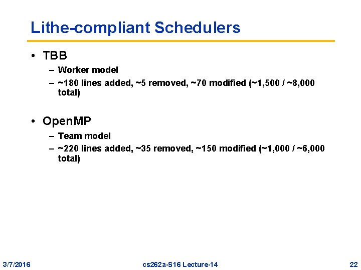Lithe-compliant Schedulers • TBB – Worker model – ~180 lines added, ~5 removed, ~70