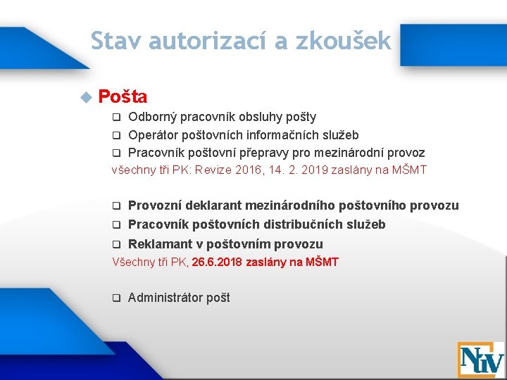 Stav autorizací a zkoušek Pošta Odborný pracovník obsluhy pošty q Operátor poštovních informačních služeb