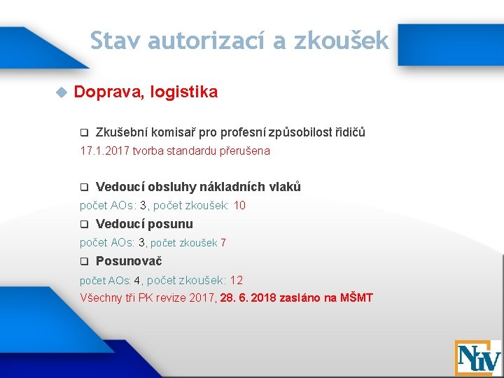 Stav autorizací a zkoušek Doprava, logistika q Zkušební komisař profesní způsobilost řidičů 17. 1.