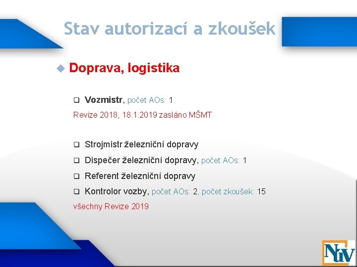 Stav autorizací a zkoušek Doprava, q logistika Vozmistr, počet AOs: 1 Revize 2018, 18.