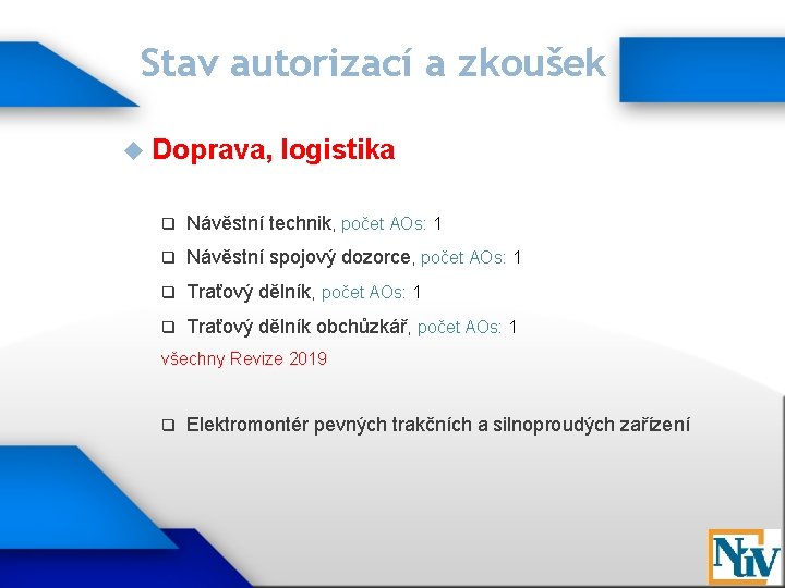 Stav autorizací a zkoušek Doprava, logistika q Návěstní technik, počet AOs: 1 q Návěstní