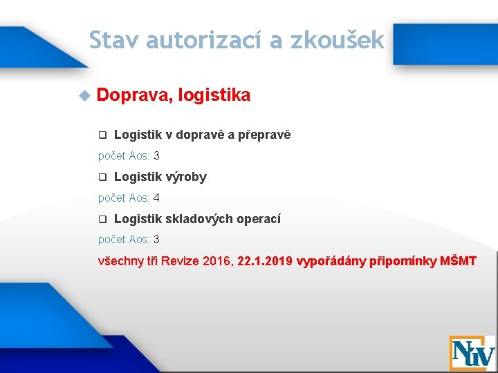 Stav autorizací a zkoušek Doprava, q logistika Logistik v dopravě a přepravě počet Aos: