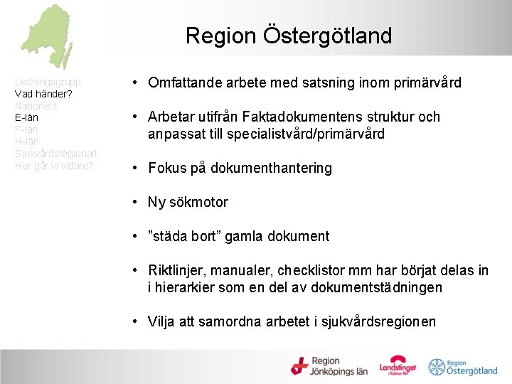 Region Östergötland Ledningsgrupp Vad händer? Nationellt E-län F-län H-län Sjukvårdsregionalt Hur går vi vidare?