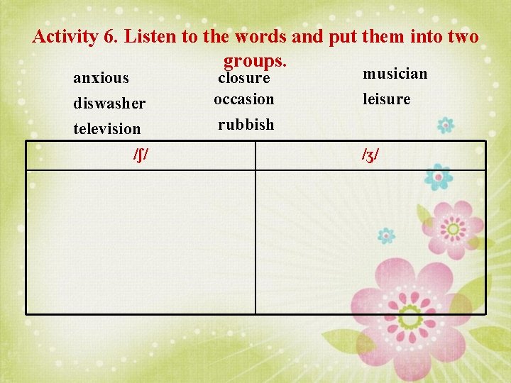 Activity 6. Listen to the words and put them into two groups. anxious diswasher