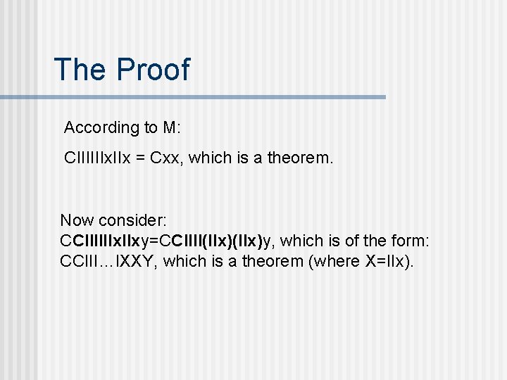 The Proof According to M: CIIIIIIx. IIx = Cxx, which is a theorem. Now The Proof According to M: CIIIIIIx. IIx = Cxx, which is a theorem. Now