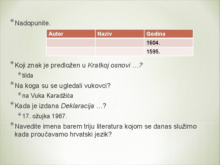 *Nadopunite. Autor Naziv Godina 1604. 1595. *Koji znak je predložen u Kratkoj osnovi …?
