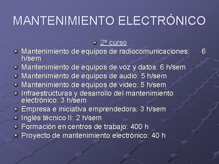 MANTENIMIENTO ELECTRÓNICO 2º curso Mantenimiento de equipos de radiocomunicaciones: h/sem Mantenimiento de equipos de