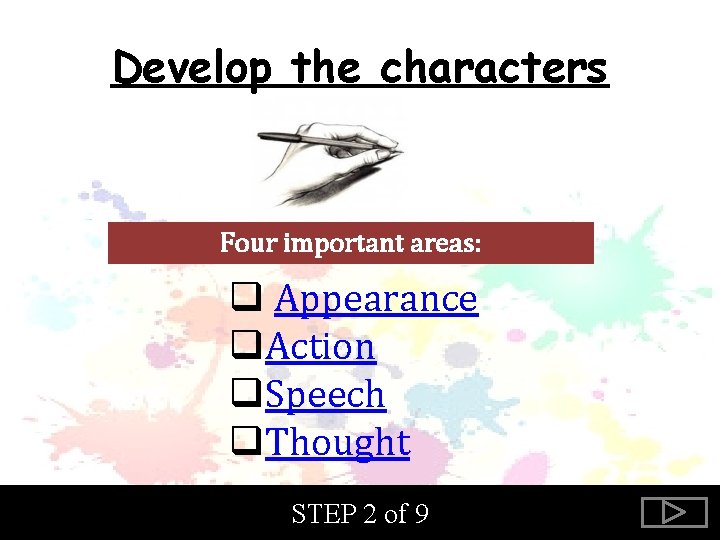 Develop the characters Four important areas: q Appearance q. Action q. Speech q. Thought