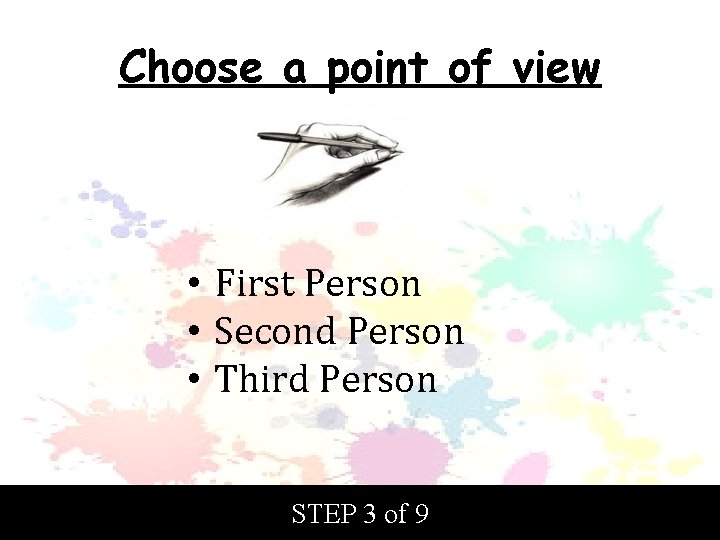 Choose a point of view • First Person • Second Person • Third Person