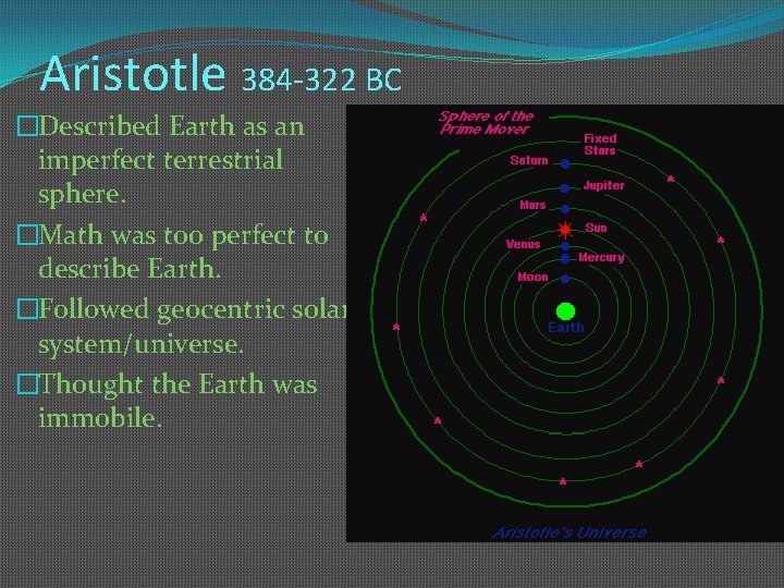 Aristotle 384 -322 BC �Described Earth as an imperfect terrestrial sphere. �Math was too Aristotle 384 -322 BC �Described Earth as an imperfect terrestrial sphere. �Math was too