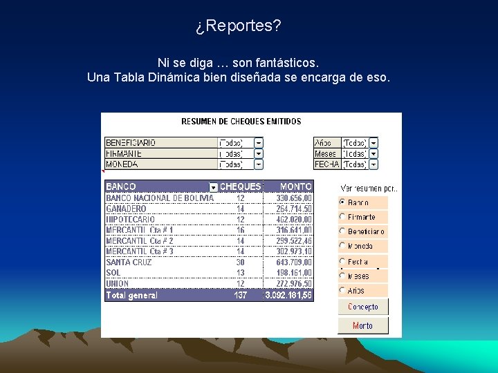 ¿Reportes? Ni se diga … son fantásticos. Una Tabla Dinámica bien diseñada se encarga