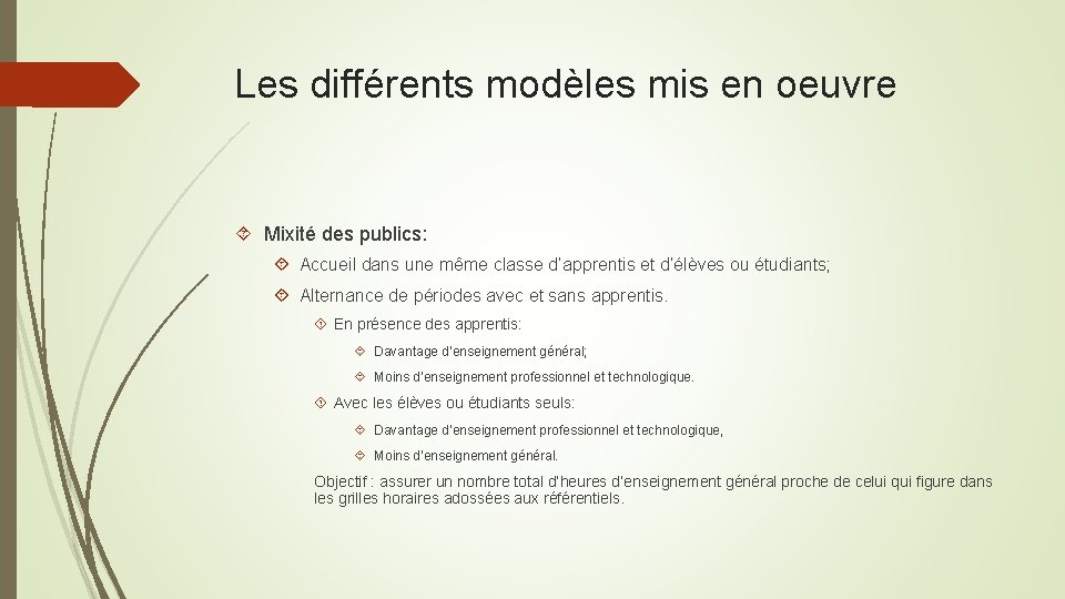 Les différents modèles mis en oeuvre Mixité des publics: Accueil dans une même classe